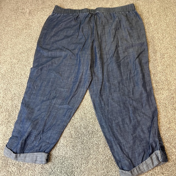 Talbots Pants Womens 14P Chambray Linen Blend Cropped Roll Tab Drawstring Casual - Picture 2 of 15